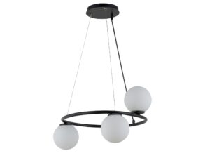 Miniaturka 2 - Czarna lampa wisząca Gama koło 3 z trzema białymi kulami szklanymi na okrągłym stelażu.