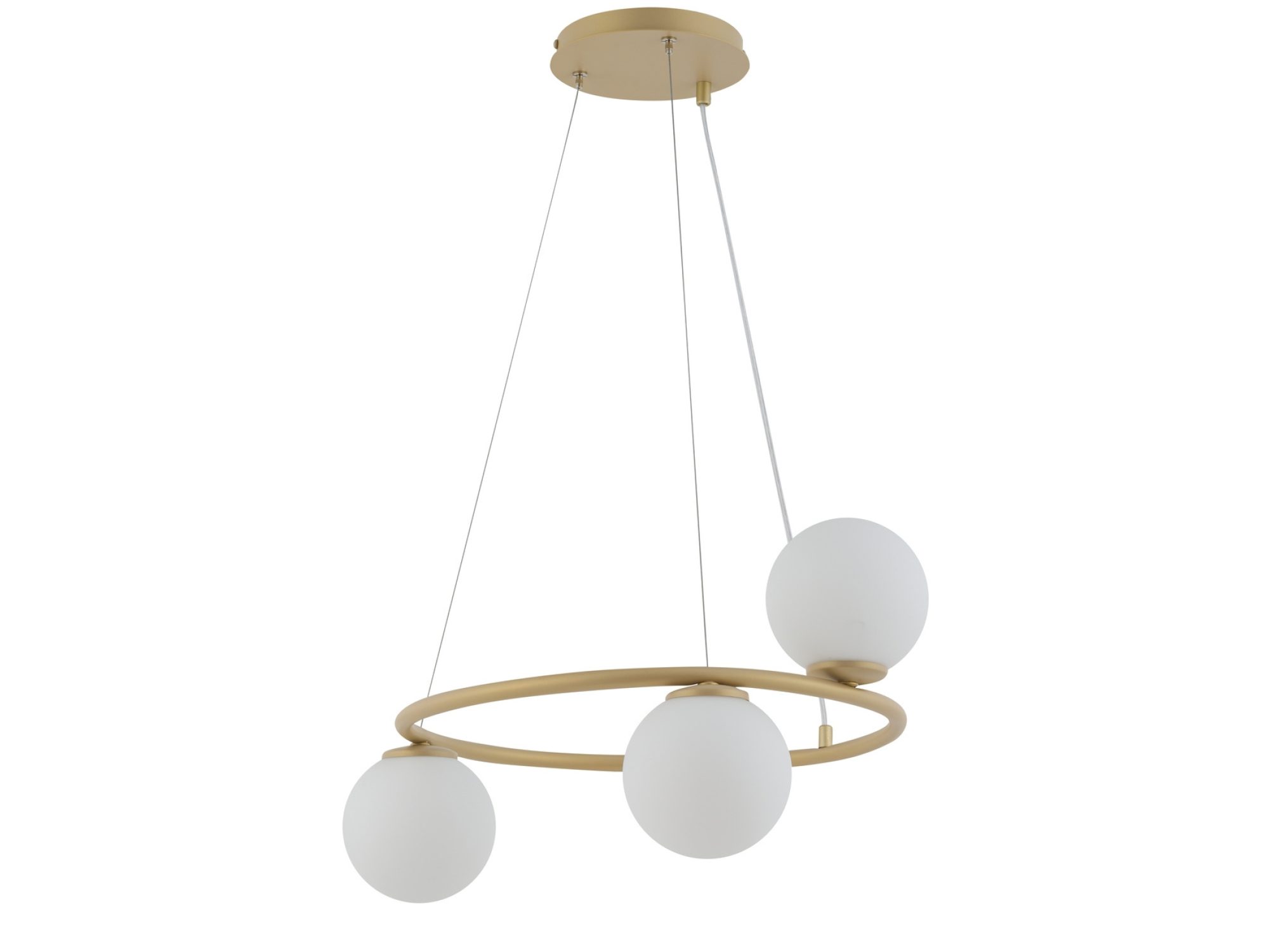 Lampa wisząca Gama koło 3 ze złotobeżową obręczą i trzema białymi szklanymi kulami.