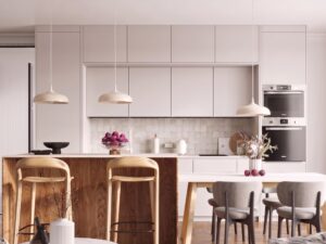 Miniaturka 4 - Lampa wisząca GIREA beżowa nad wyspą kuchenną z hokerami