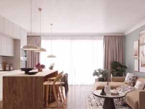 Miniaturka 3 - Lampa wisząca GIREA beżowa w salonie z jadalnią