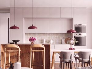 Miniaturka 4 - Lampa wisząca GIREA burgund nad wyspą kuchenną z hokerami