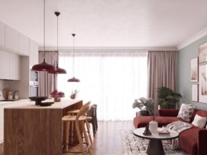Miniaturka 3 - Lampa wisząca GIREA burgund w salonie z jadalnią