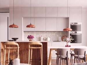 Miniaturka 4 - Lampa wisząca GIREA ochra czerwona nad wyspą kuchenną z hokerami