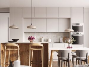 Miniaturka 4 - Lampa wisząca GIREA taupe nad wyspą kuchenną z hokerami