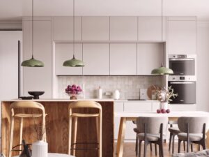 Miniaturka 4 - Lampa wisząca GIREA zielona oliwka nad wyspą kuchenną z hokerami