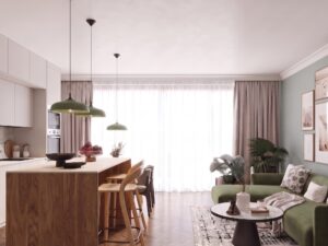 Miniaturka 3 - Lampa wisząca GIREA zielona oliwka w salonie z jadalnią