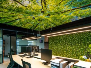 Miniaturka 2 - Lampy wiszące Glenos LED w biurze z zieloną ścianą