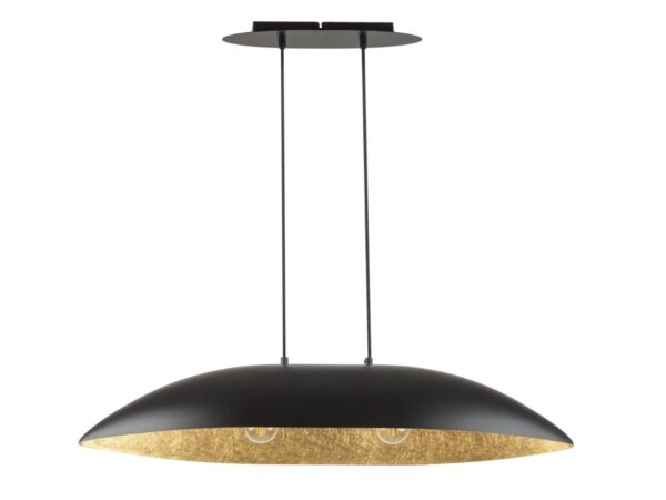 Lampa wisząca Gondola M czarna ze złotym wnętrzem i dwoma punktami światła, widok z przodu