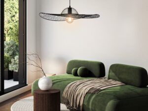 Miniaturka 1 - Lampa wisząca Goradia z czarnym ażurowym kloszem w salonie