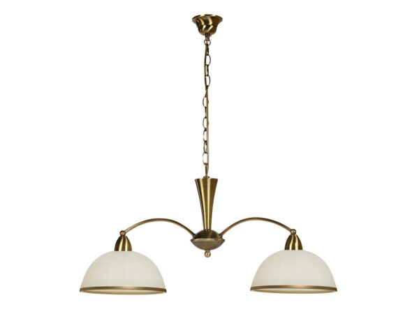 Lampa wisząca Goredo patynowana z dwoma białymi kloszami ze złotą obwódką