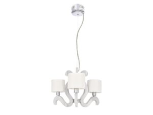 Miniaturka 1 - Chromowana lampa wisząca Gorelo z trzema białymi abażurami na białym tle