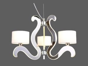 Miniaturka 5 - Detal lampy Gorelo w chromie z podświetlanymi ramionami i jasnymi abażurami