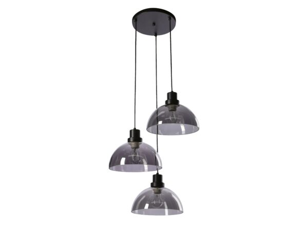 Lampa wisząca Goreva czarna z trzema przydymionymi półkulistymi kloszami na białym tle