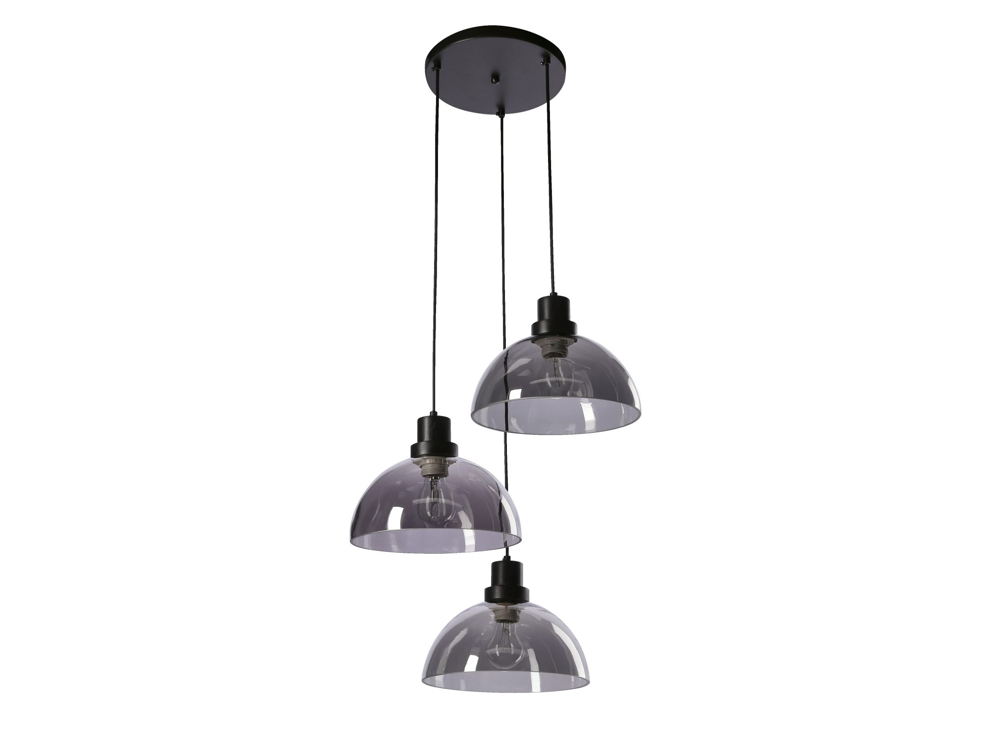 Lampa wisząca Goreva czarna z trzema przydymionymi półkulistymi kloszami na białym tle