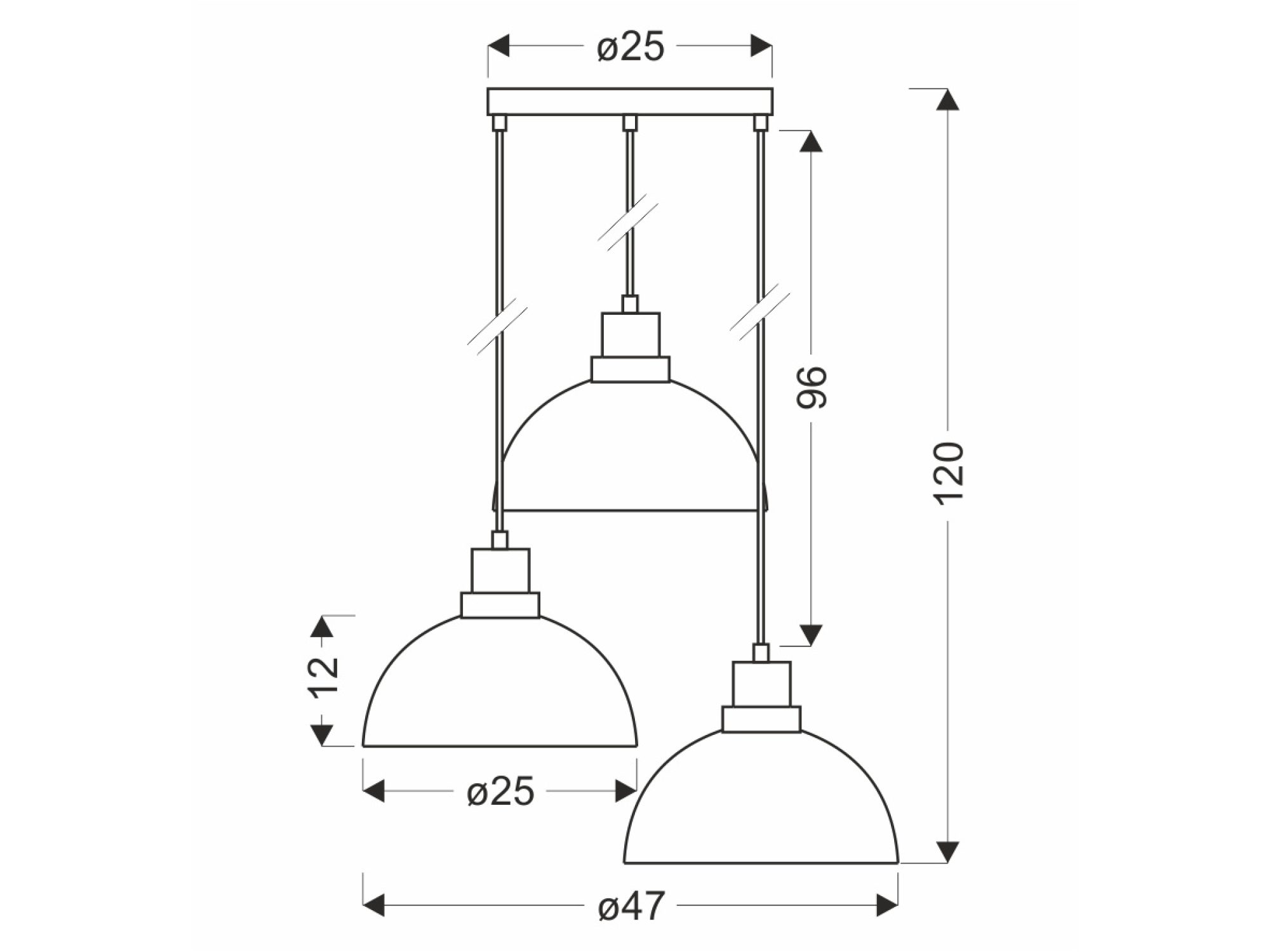 Rysunek wymiarowy lampy wiszącej Goreva z trzema kloszami, średnica 47 cm