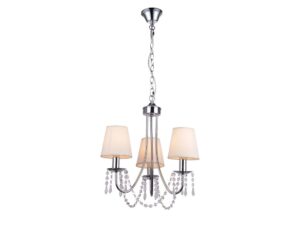 Miniaturka 2 - Lampa wisząca Gorometa z trzema beżowymi abażurami i kryształkami na chromowanym stelażu