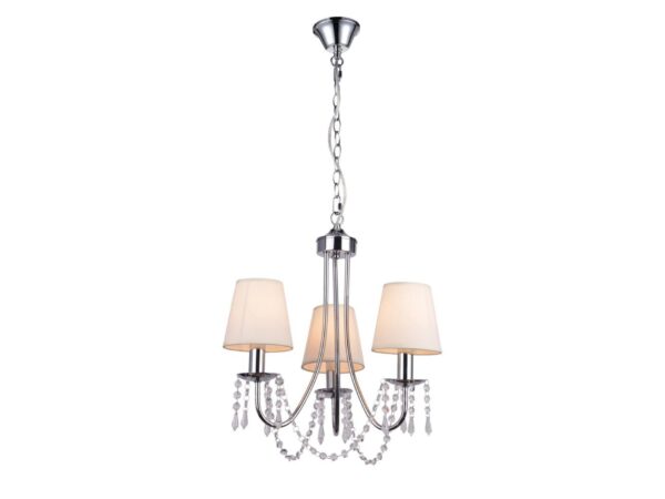 Lampa wisząca Gorometa z trzema beżowymi abażurami i kryształkami na chromowanym stelażu