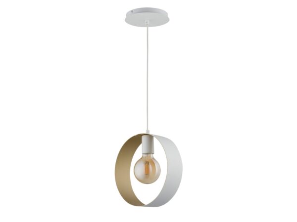 Lampa wisząca Happy 1 biało-złota z okrągłym metalowym pierścieniem i pojedynczą żarówką E27.