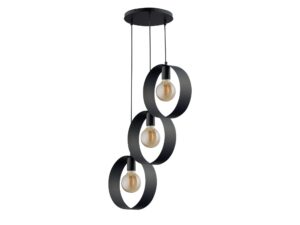 Miniaturka 2 - Lampa wisząca Happy 3 czarna z trzema stalowymi okręgami i trzema żarówkami E27 na białym tle