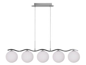 Miniaturka 2 - Lampa wisząca Helenio z pięcioma białymi szklanymi kloszami i chromowaną konstrukcją