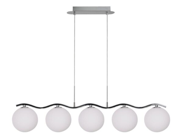 Lampa wisząca Helenio z pięcioma białymi szklanymi kloszami i chromowaną konstrukcją