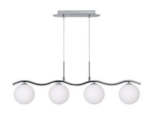Miniaturka 2 - Lampa wisząca Helenio z czterema białymi kulistymi szklanymi kloszami na chromowanej falistej belce
