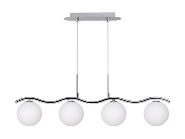 Lampa wisząca Helenio z czterema białymi kulistymi szklanymi kloszami na chromowanej falistej belce