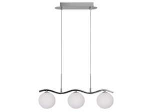 Miniaturka 2 - Lampa wisząca Helenio z trzema białymi kulistymi szklanymi kloszami na falistej chromowanej belce