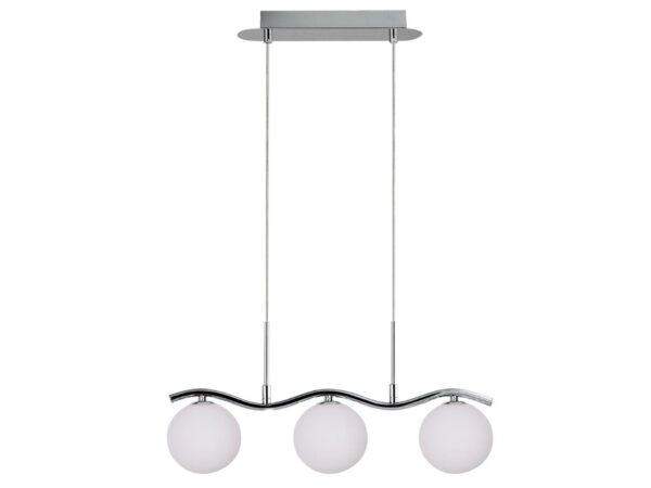 Lampa wisząca Helenio z trzema białymi kulistymi szklanymi kloszami na falistej chromowanej belce