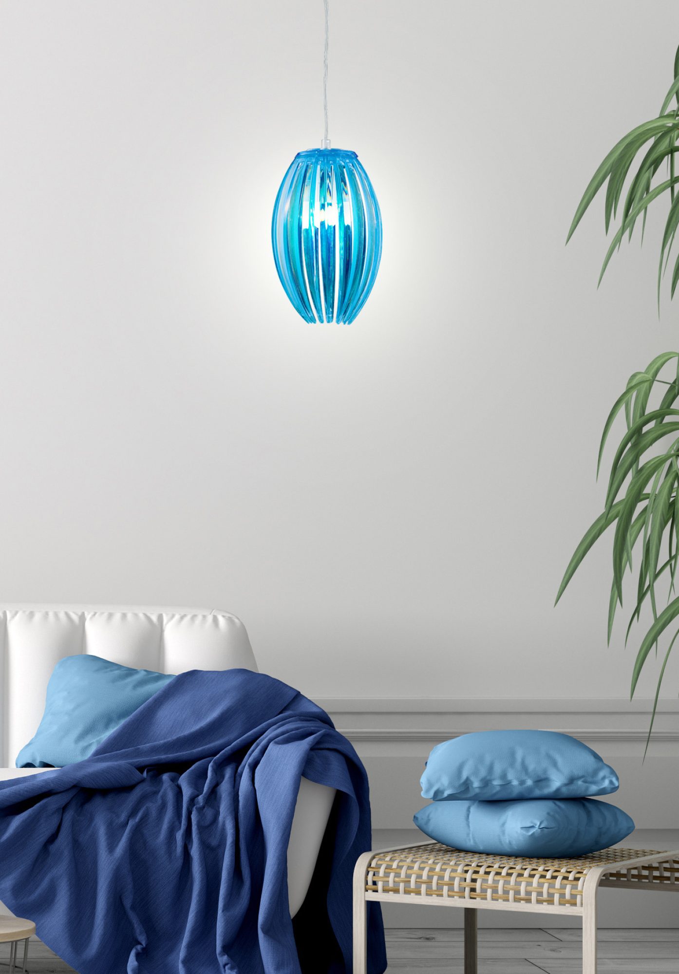 Niebieska lampa wisząca Helodio w jasnym pokoju z niebieskimi dodatkami