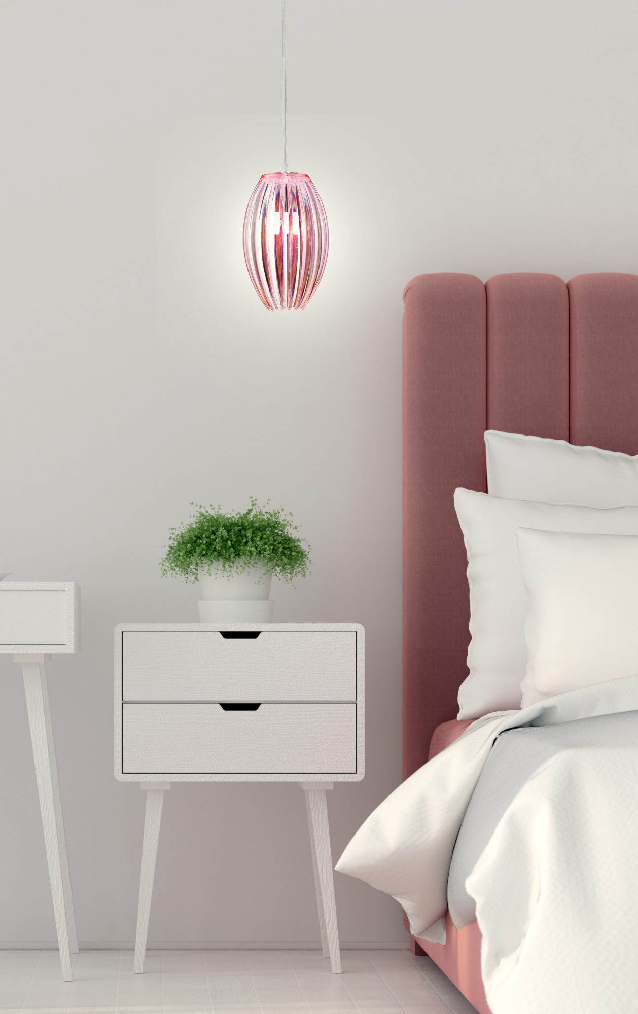 Różowa lampa wisząca Helodio w aranżacji sypialni z różowym łóżkiem