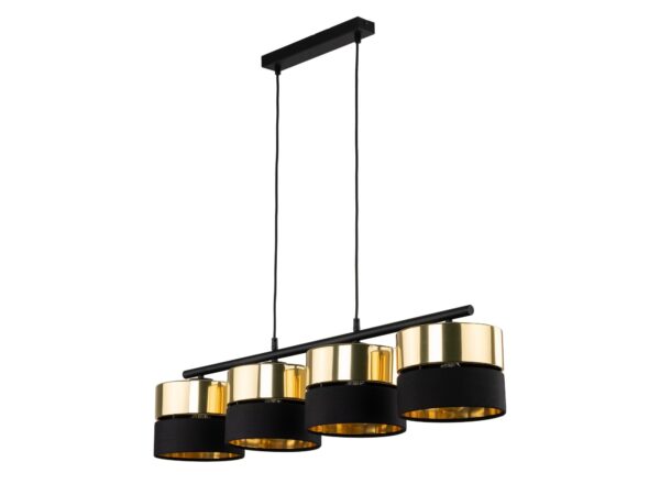 Lampa wisząca Hilton 4-punktowa czarno-złota z czterema abażurami na białym tle