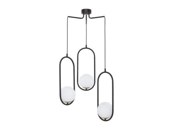 Lampa wisząca Igon 3-punktowa z czarnymi owalnymi ramionami i białymi kulistymi kloszami