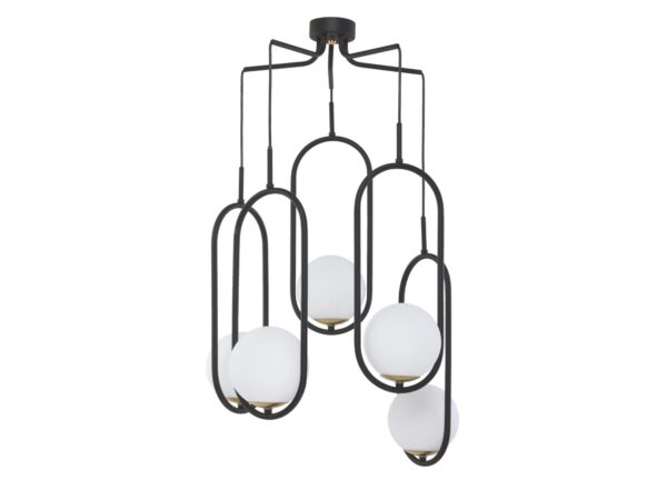Lampa wisząca Igon 5-punktowa z czarnym stelażem i pięcioma białymi kulami