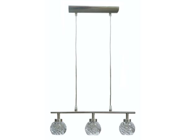 Lampa wisząca Ilarino nikiel satynowy z trzema kryształowymi kloszami na białym tle