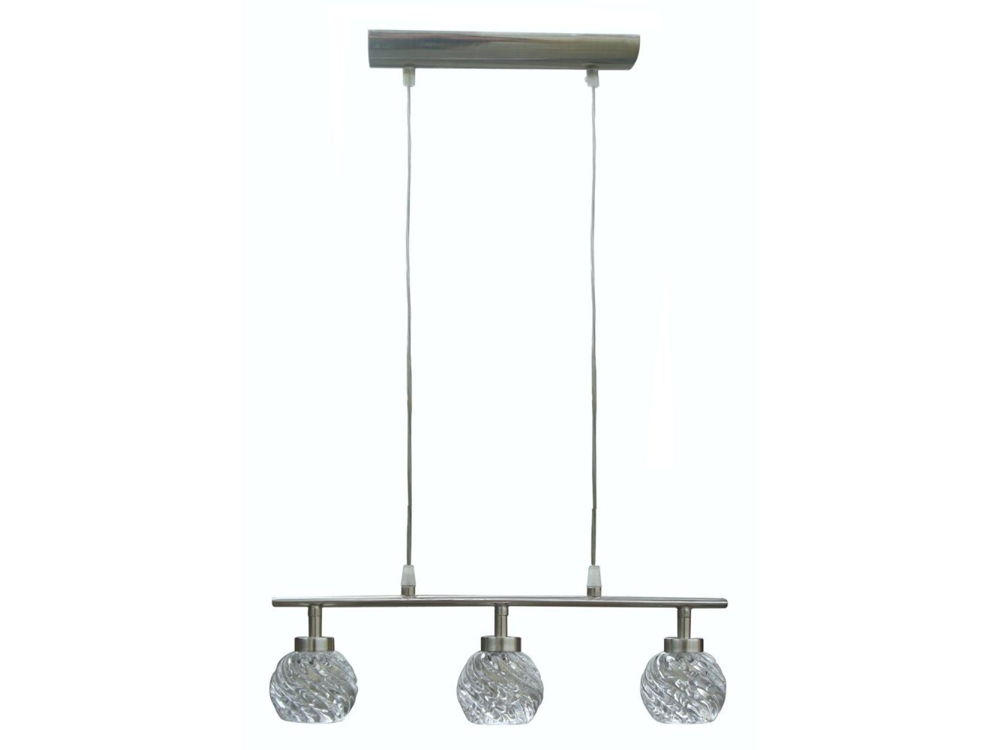 Lampa wisząca Ilarino nikiel satynowy z trzema kryształowymi kloszami na białym tle