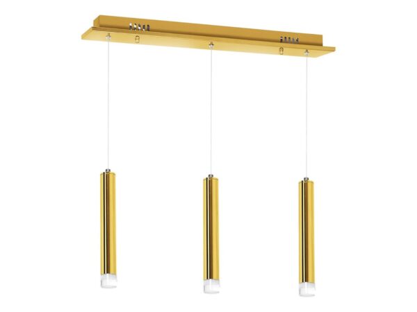 Złota lampa wisząca Ilemio z trzema cylindrycznymi zwisami na jednej listwie
