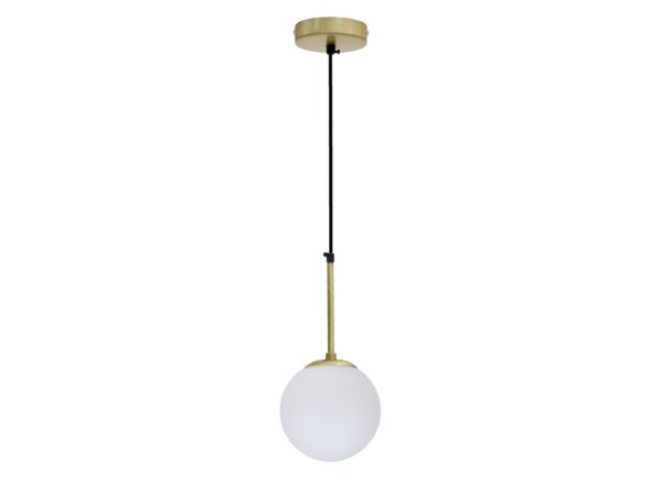 Lampa wisząca Ilevona z białą szklaną kulą i zawieszeniem w kolorze mosiądzu