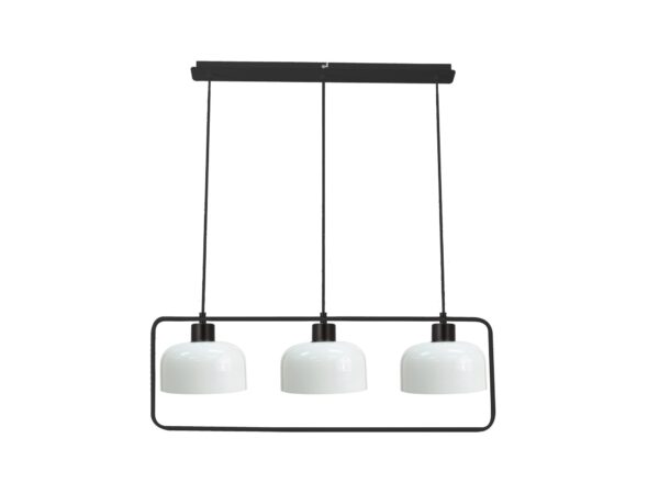 Lampa wisząca Ilitona z trzema białymi szklanymi kloszami w czarnej ramie