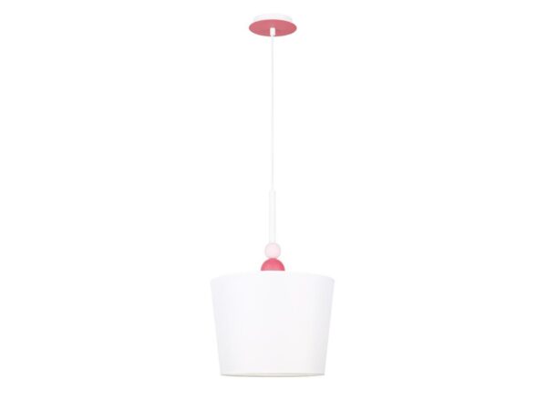 Lampa wisząca Ilorela biało-różowa z tkaninowym abażurem 30 cm na białym tle