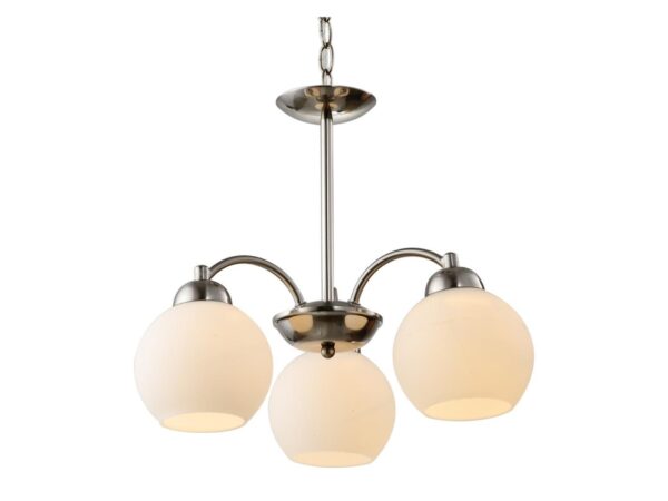 Lampa wisząca Ilotona trzy mleczne klosze i satynowy stelaż