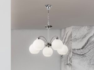 Miniaturka 2 - Lampa wisząca Ilotona satynowa 5 szklanych kloszy E27 we wnętrzu