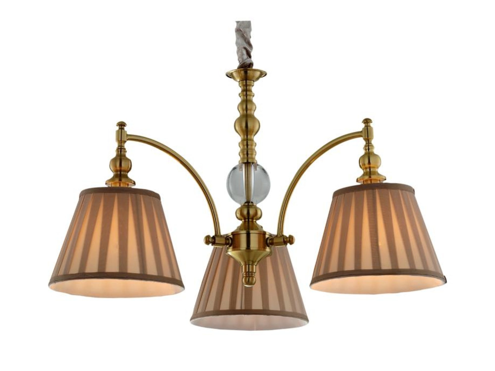 Lampa wisząca Ilvamina patyna z trzema plisowanymi abażurami i kryształową kulą