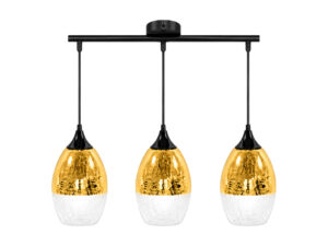 Miniaturka 3 - Lampa wisząca Ilvatio z trzema złotymi szklanymi kloszami na czarnej listwie na białym tle