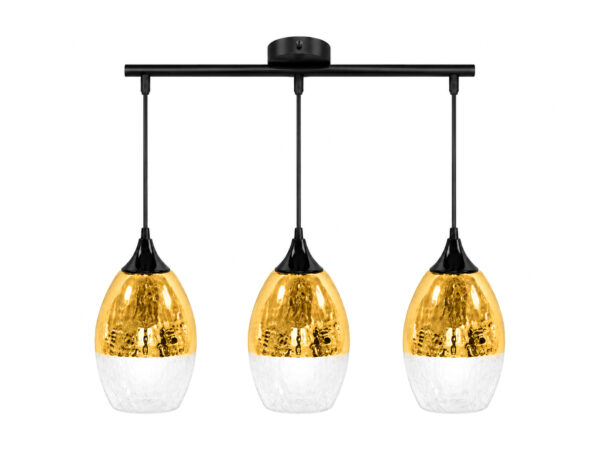 Lampa wisząca Ilvatio z trzema złotymi szklanymi kloszami na czarnej listwie na białym tle