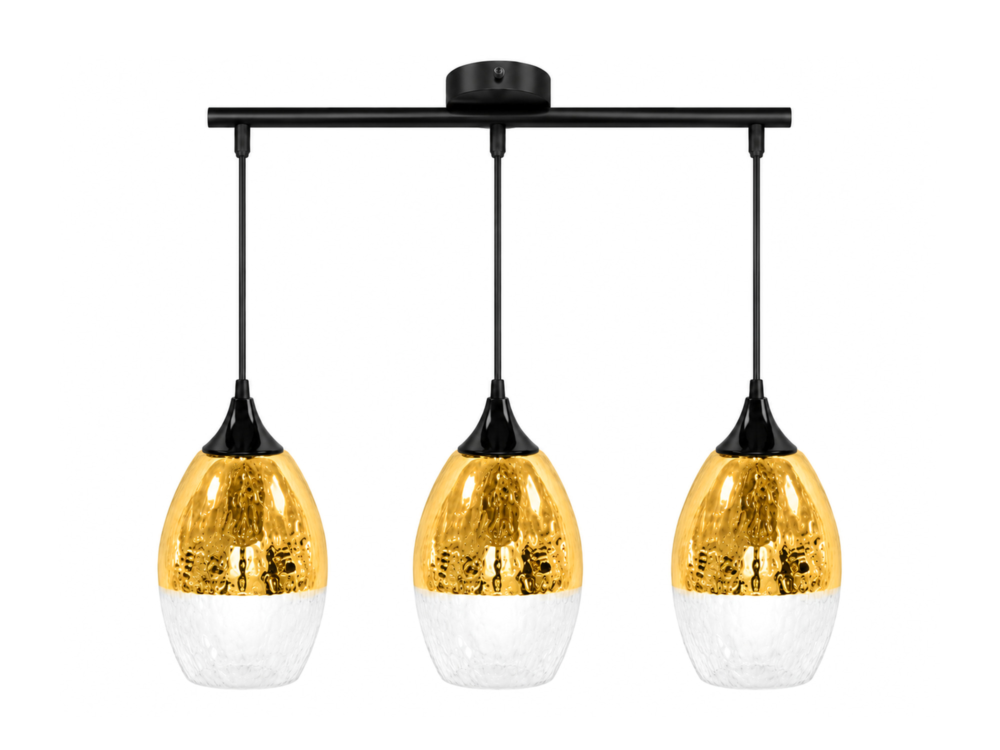 Lampa wisząca Ilvatio z trzema złotymi szklanymi kloszami nad stołem w jadalni