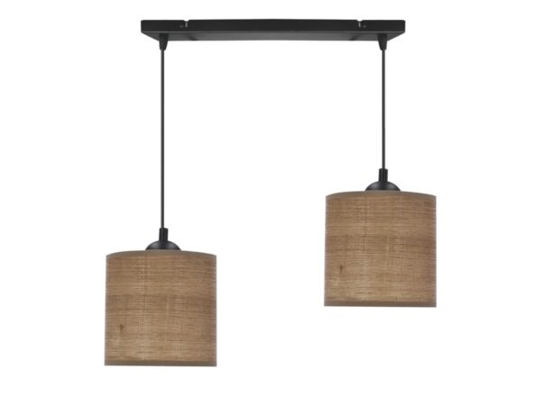 Lampa wisząca Ilvetia z dwoma orzechowymi cylindrycznymi abażurami na czarnej listwie
