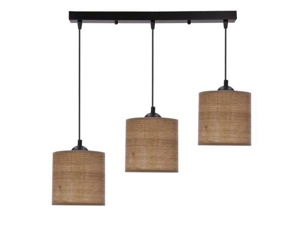 Lampa wisząca Ilvetia z trzema orzechowymi abażurami na czarnej listwie
