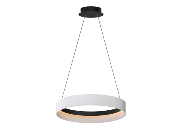 Lampa wisząca Ilvota LED 52 W biały pierścień 60 cm z czarną podsufitką, pełny widok na białym tle