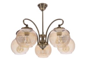 Miniaturka 3 - Lampa wisząca Isavia pięć bursztynowych kloszy stare złoto na białym tle